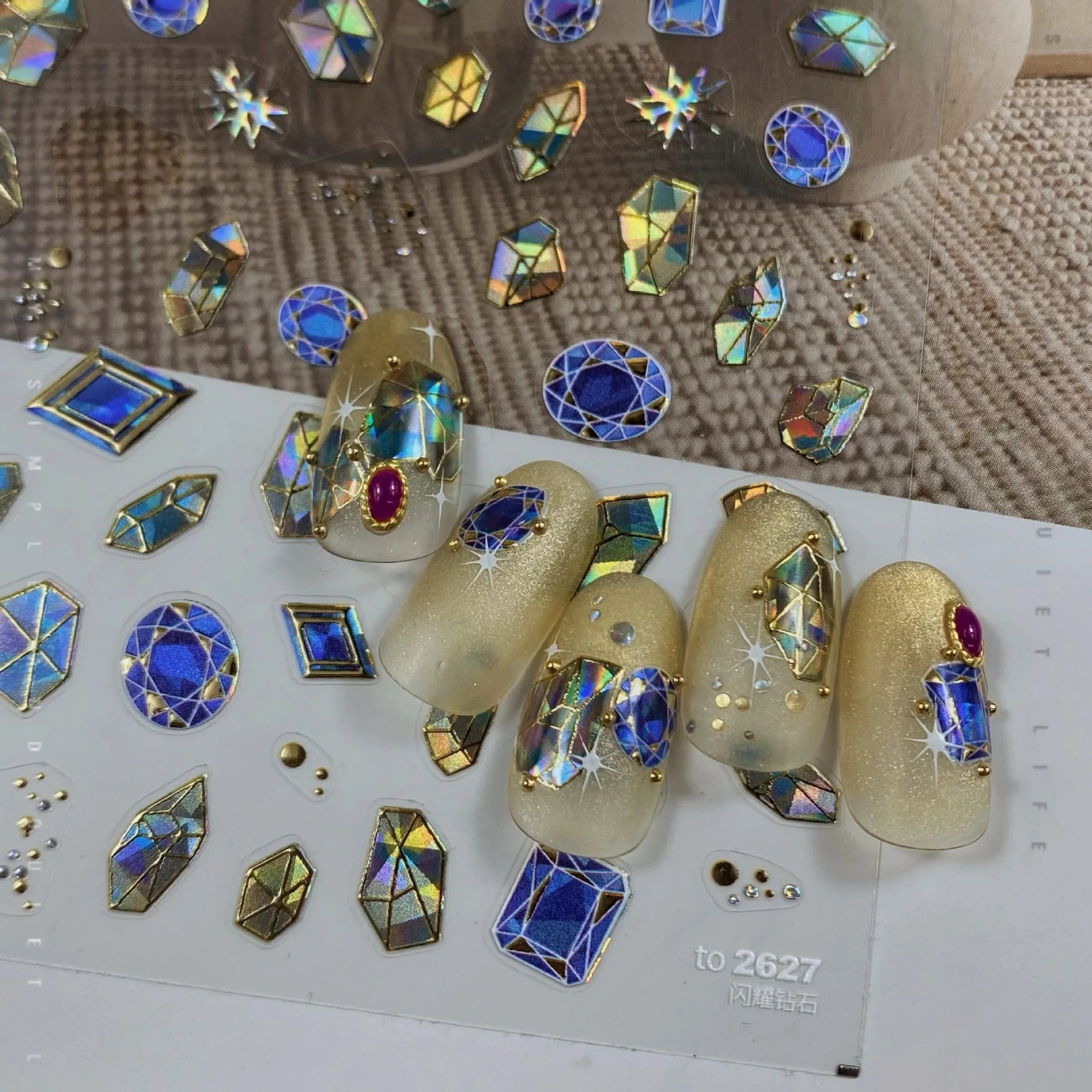 Elegant gold scepter 5D nail art stickers with gemstone and courtly pattern, self-adhesive manicure decals for luxurious nail designs.