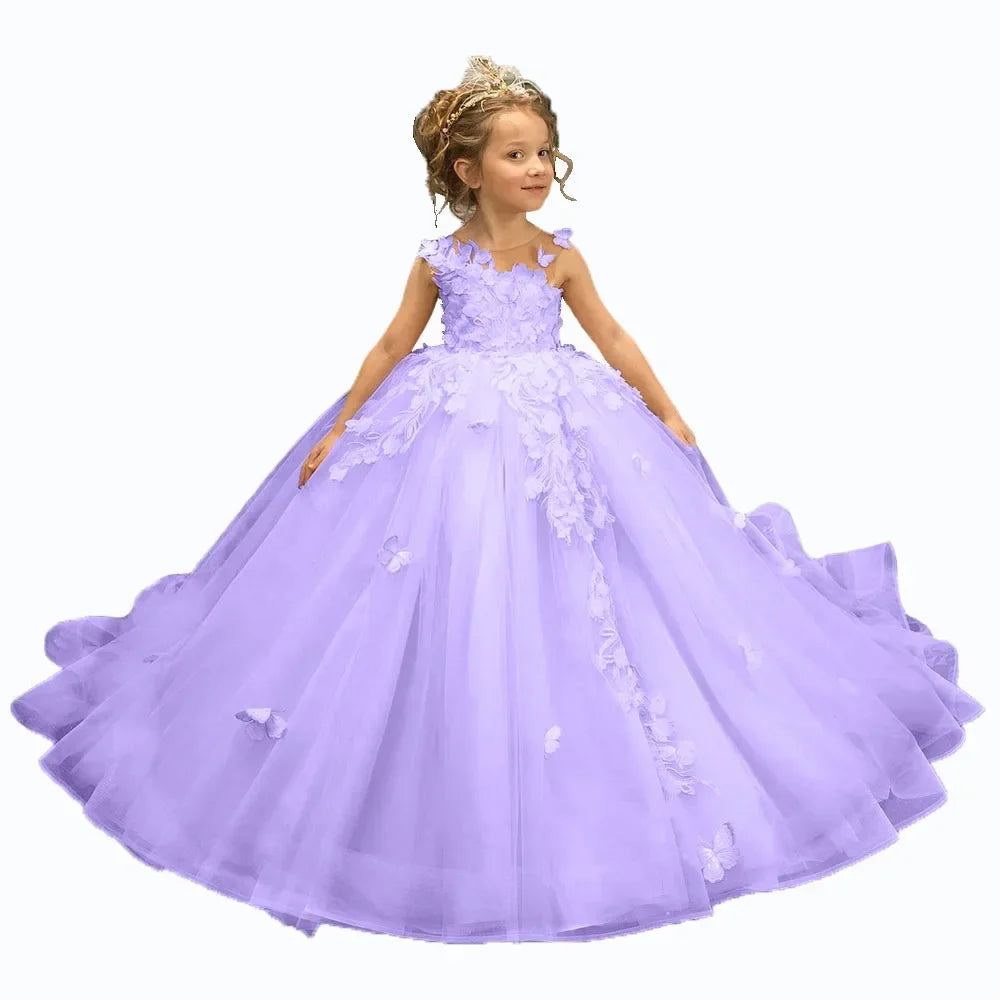 Flower girl dress by Showlu Fashion featuring 3D floral appliqué, tulle fabric, and a pageant gown style, perfect for special occasions.