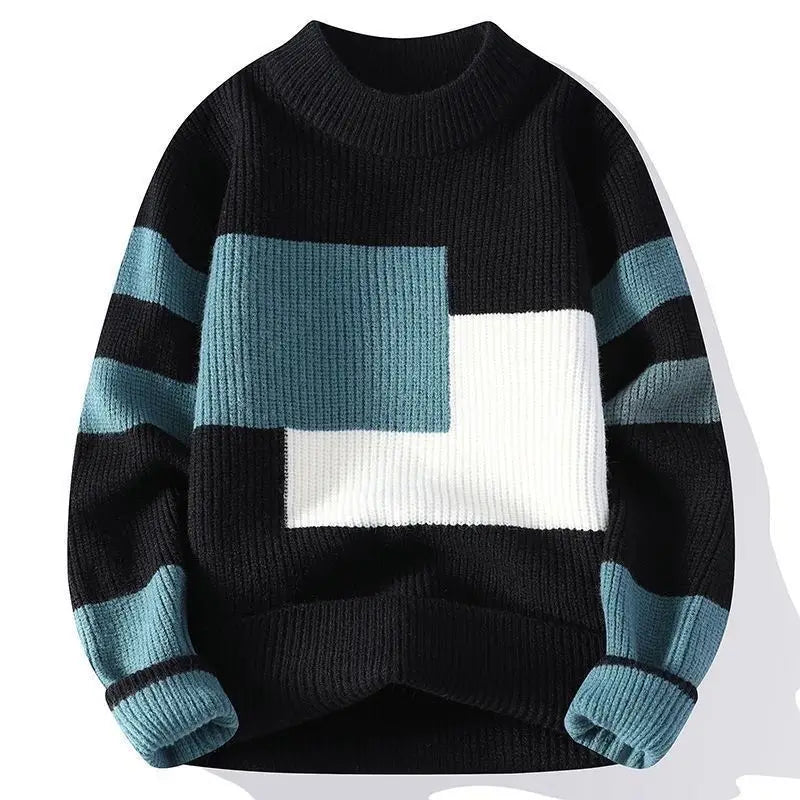 Men's autumn winter sweater by Showlu Fashion with contrast color patchwork, mock neck, long sleeves, and thick knitted fabric.