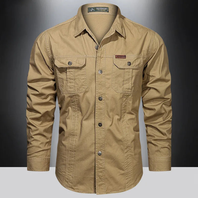Men's cotton cargo shirt by SHOWLU FASHION STORE, long sleeve military overshirt with multiple front pockets and rugged style.