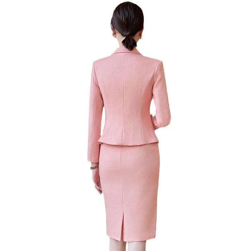 New Arrival Elegant Ladies Formal Skirt Suit Women Orange Blue Pink Double Breasted Female Blazer Set for Business Work Wear