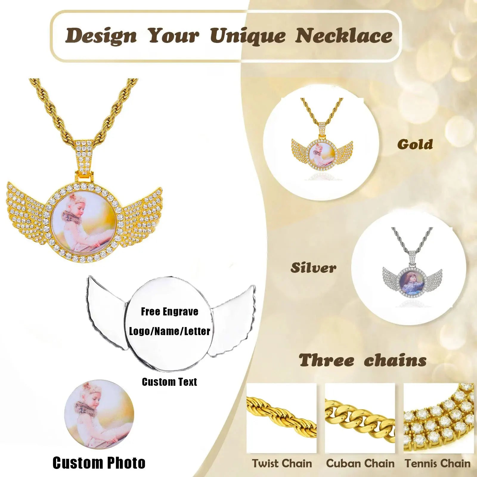 Custom angel wing round pendant necklace with personalized photo charm and tennis chain for men and women.