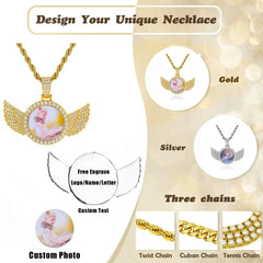 Custom Angel Wing Round Memory Photo Necklace Men Women Personalized Jewelry Customized Picture Pendant Charm with Tennis Chain
