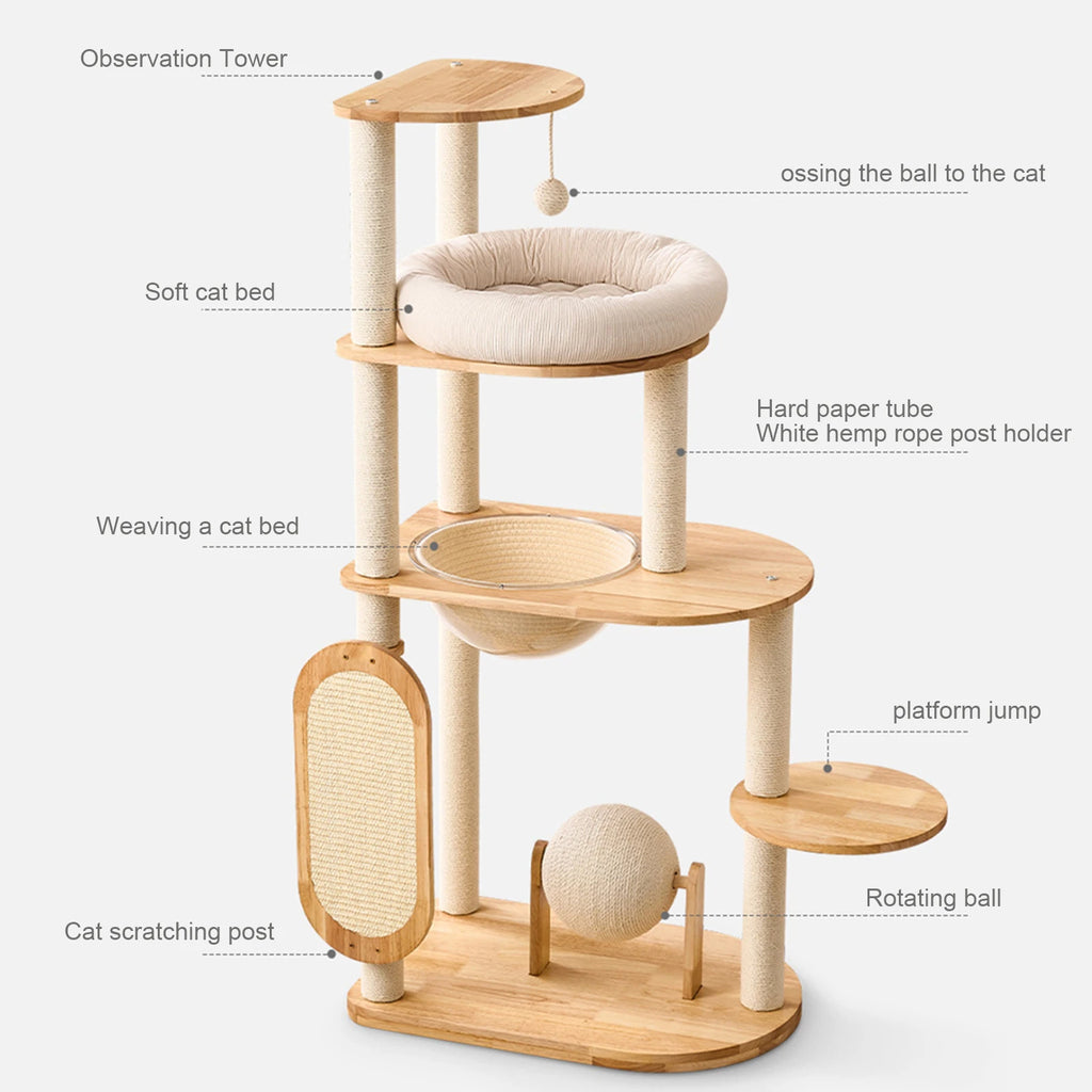 Showlu solid rubber wood cat tree tower with four-tier scratching posts and cozy platforms for climbing and scratching.