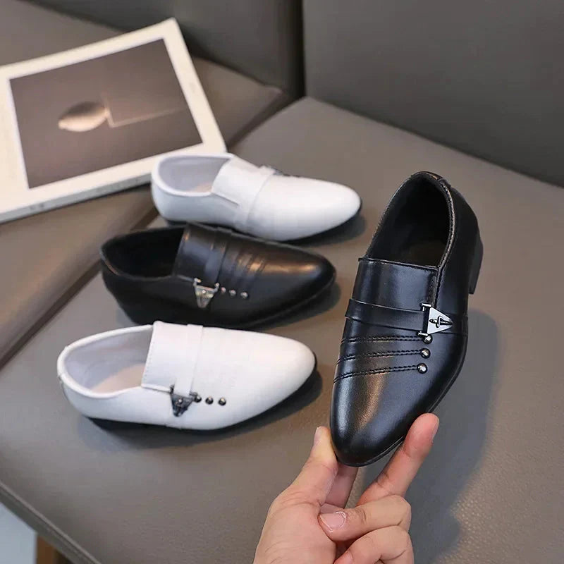 Showlu boys leather loafers for formal weddings and school parties, featuring classic design and polished finish.