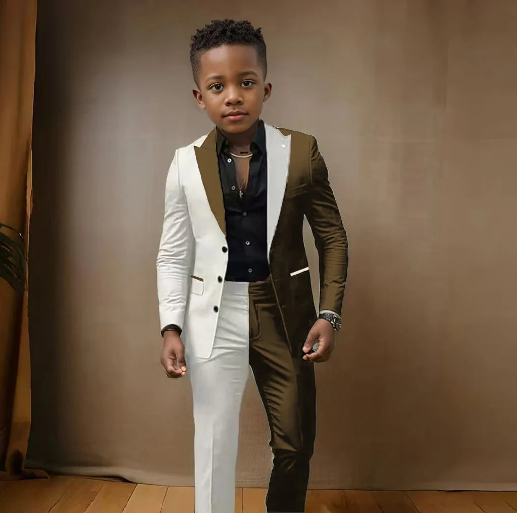 Boy's blazer suit set with slim-fit blazer and pants, casual or wedding style, suitable for birthdays and stage performances.