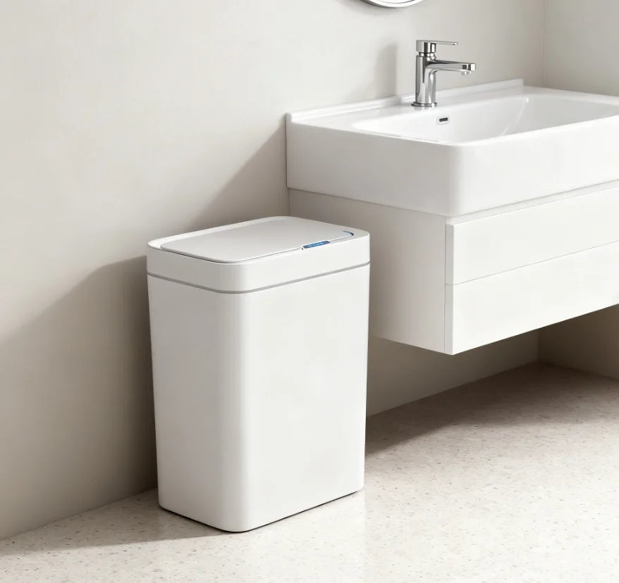 Showlu Smart 15L automatic motion sensor trash can with waterproof design, featuring a sleek, modern appearance and touchless opening.