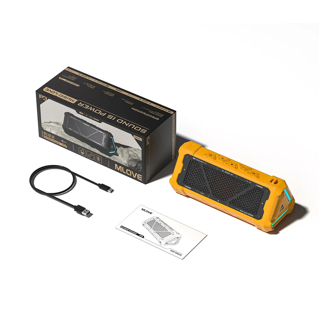 Outdoor Bluetooth speaker by MLOVE P3 with 40W stereo sound and IPX7 waterproof design, shown in black with textured finish.