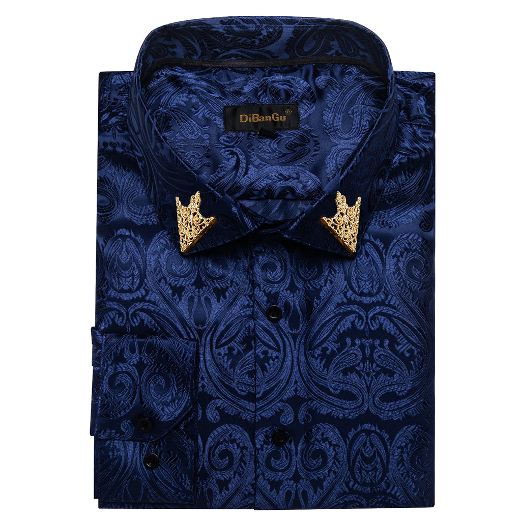 Men's patterned brocade shirt with gold crown collar accents, ideal for luxury galas and formal weddings, by Showlu Fashion Store.