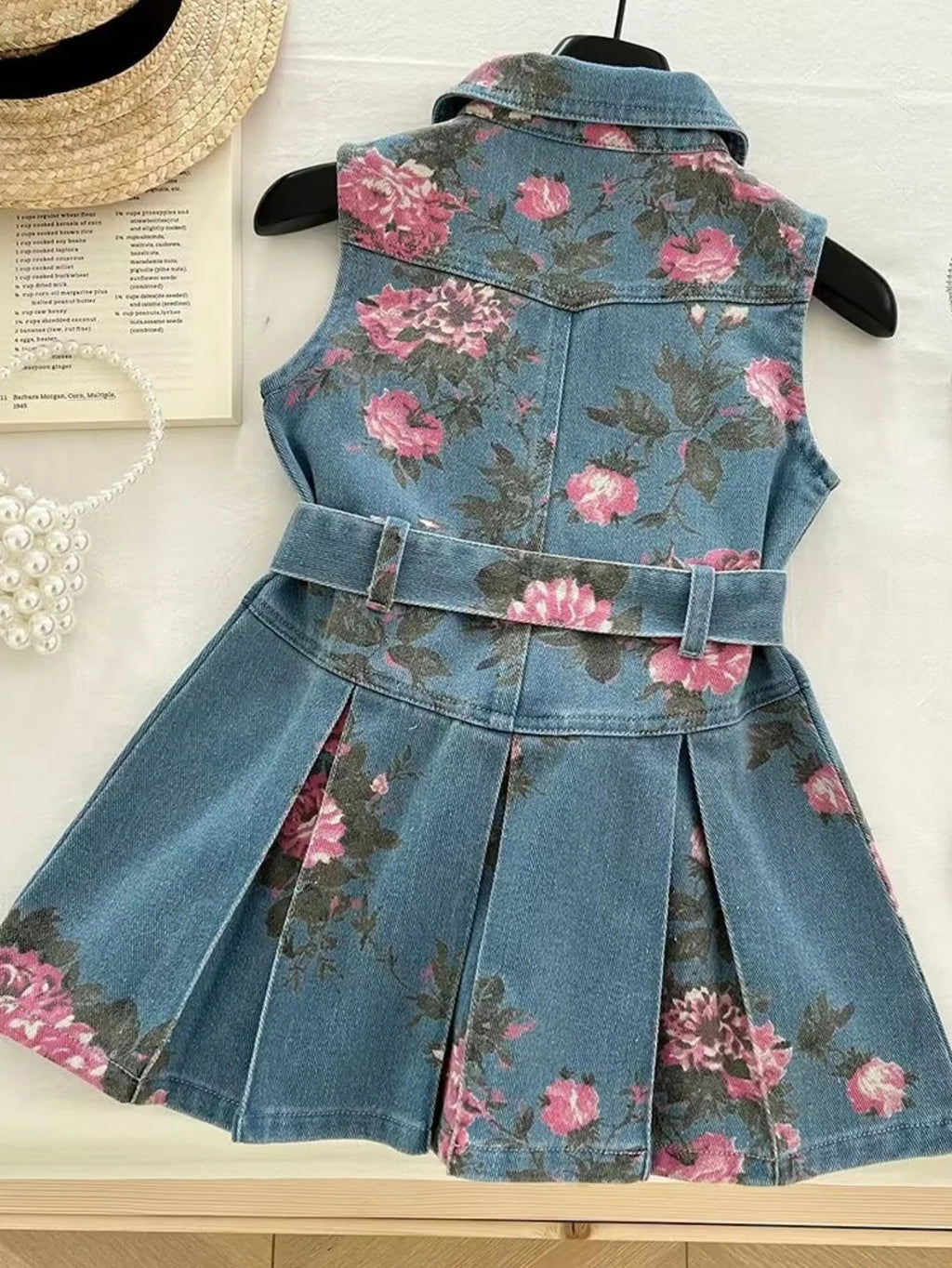 Girls Summer Denim Dress – Floral Print Collar & Belted A-Line Skirt, Korean Style Kids Fashion Princess Dress for Girls