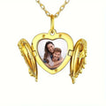 Showlu personalized photo angel wing locket necklace made of zinc alloy with engraved detail and a chain for women.