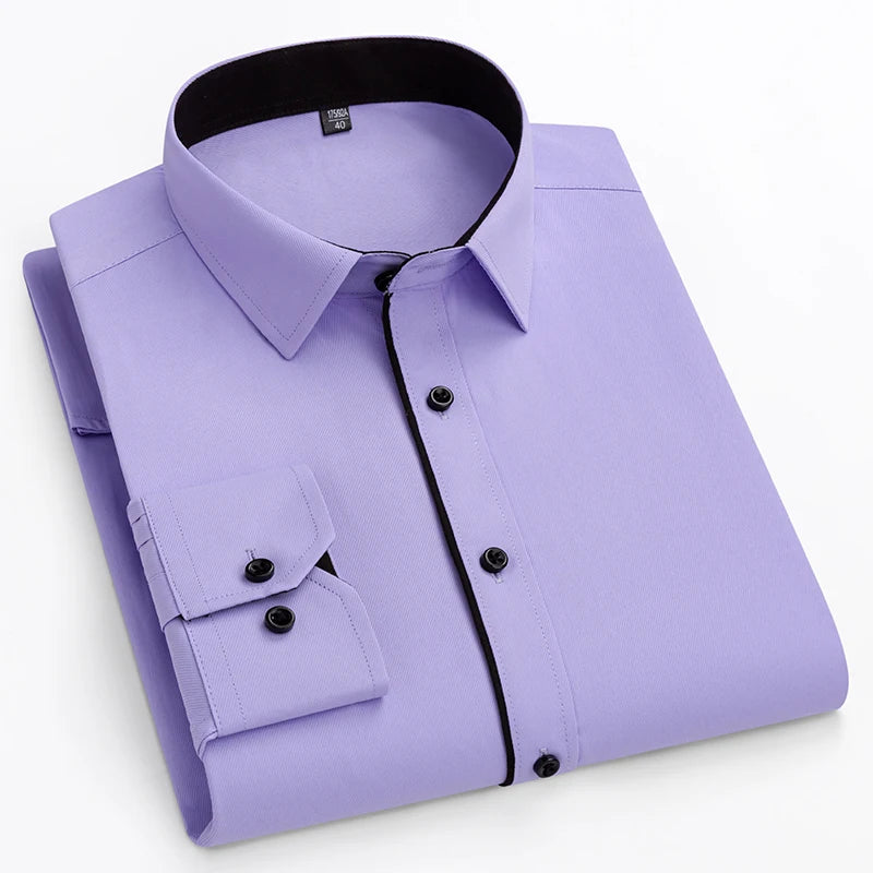 Plus size men's slim fit formal plain shirt with double collar, long sleeves, solid design, suitable for office and business wear.