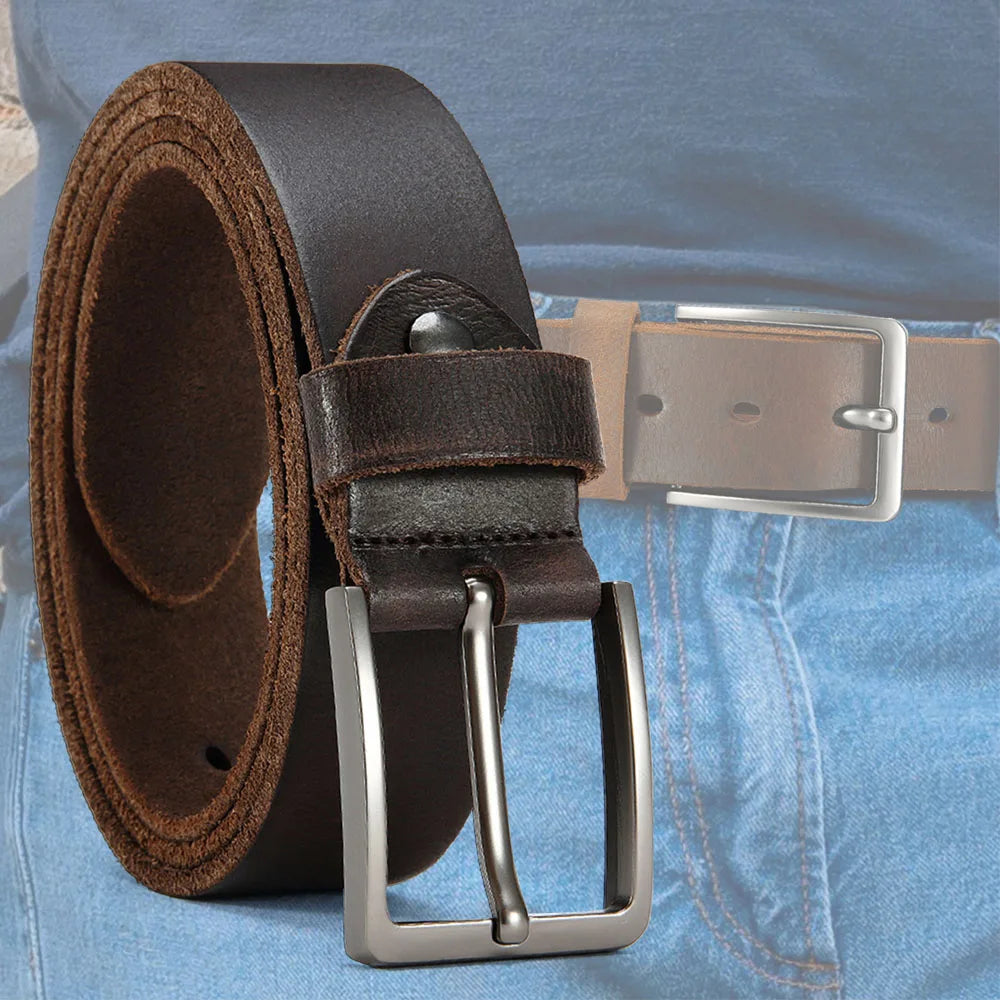 Men's cowhide leather belt with casual metal buckle from DOOPAI, featuring a durable design and stylish finish.