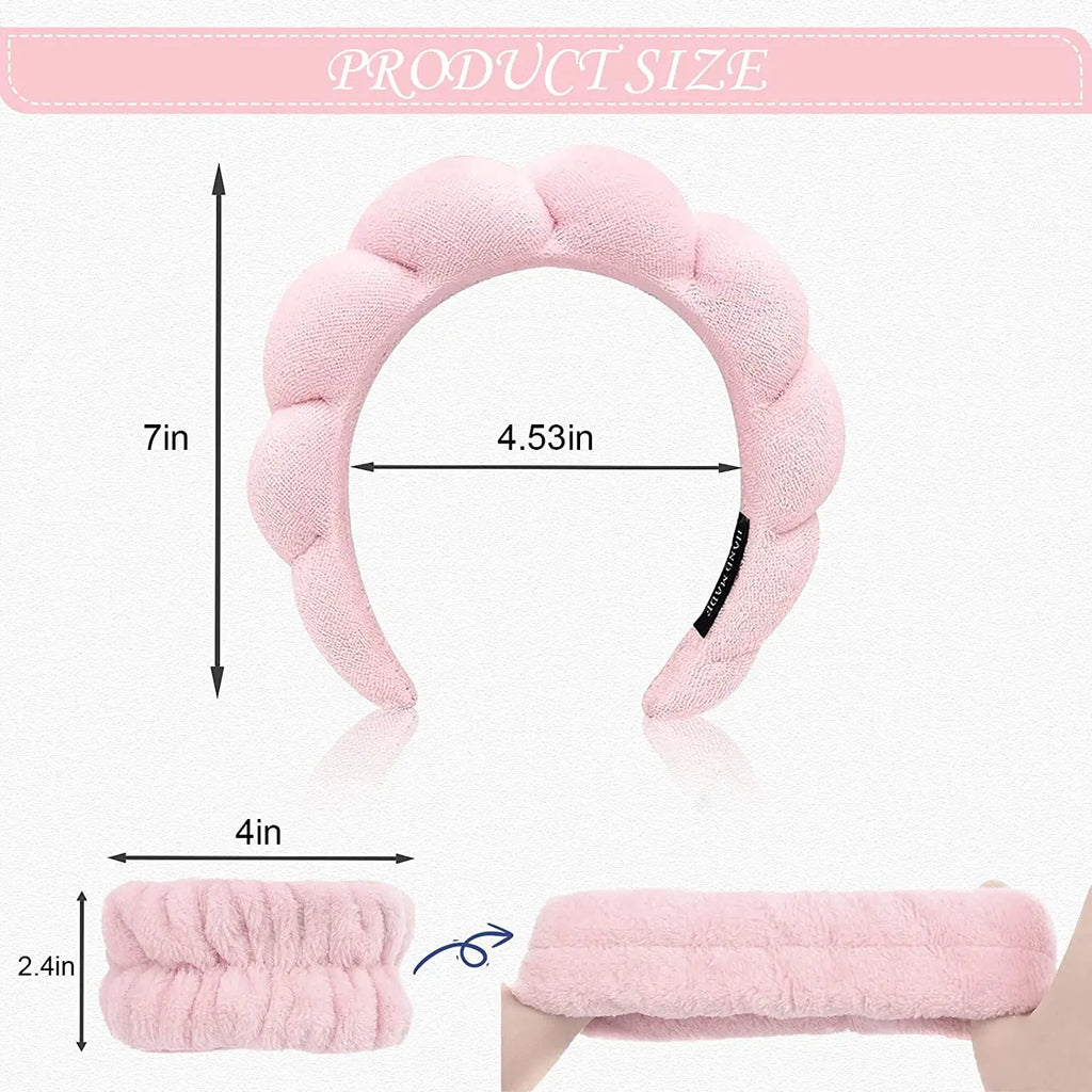 Three microfiber washing wristbands and puffy headbands in pastel colors for face washing, makeup, and skincare routines.