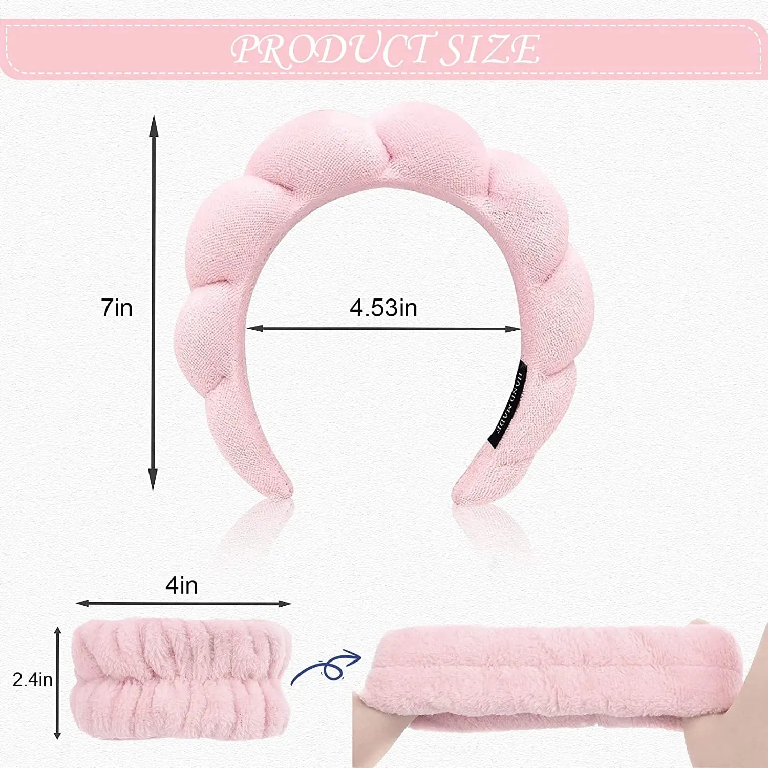 Three microfiber washing wristbands and puffy headbands in pastel colors for face washing, makeup, and skincare routines.