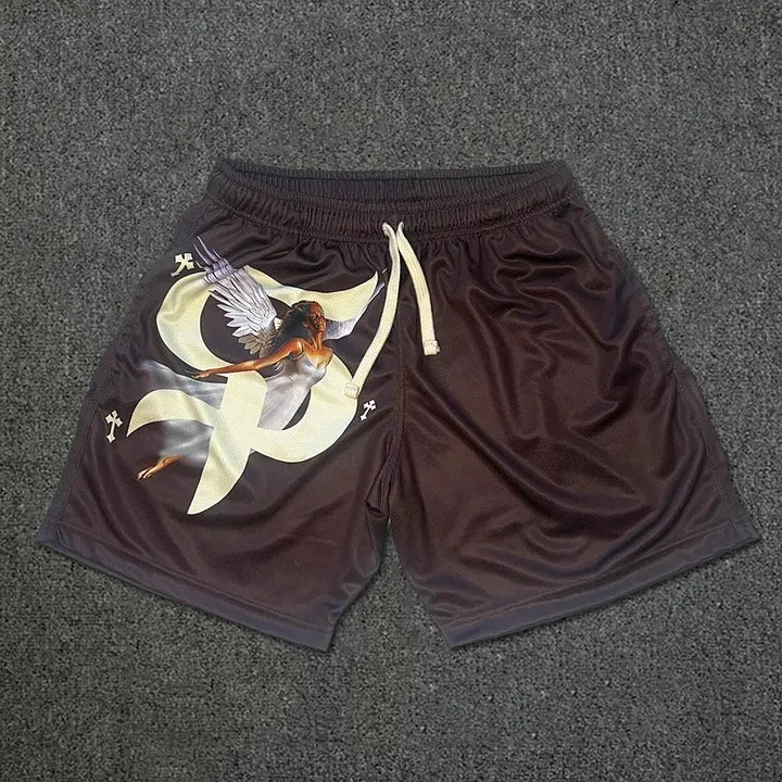 Showlu Faith Goddess Cross print basketball shorts made of quick-dry polyester, featuring a vibrant cross design and sporty fit.