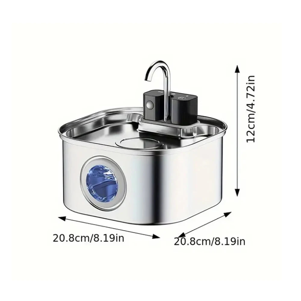 A stainless steel pet water fountain with a faucet, sensor, and dimensions of 20.8 by 12 centimeters.