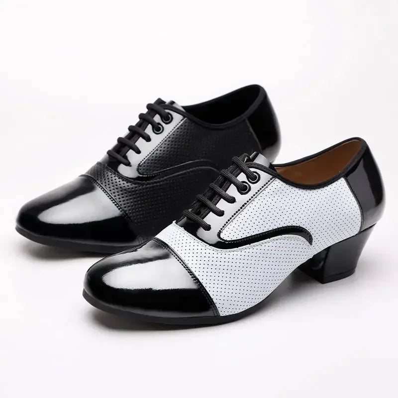 Men's modern dance shoes by Showlu, soft performance leather, breathable, suitable for Latin, jazz, social, and formal dance styles.