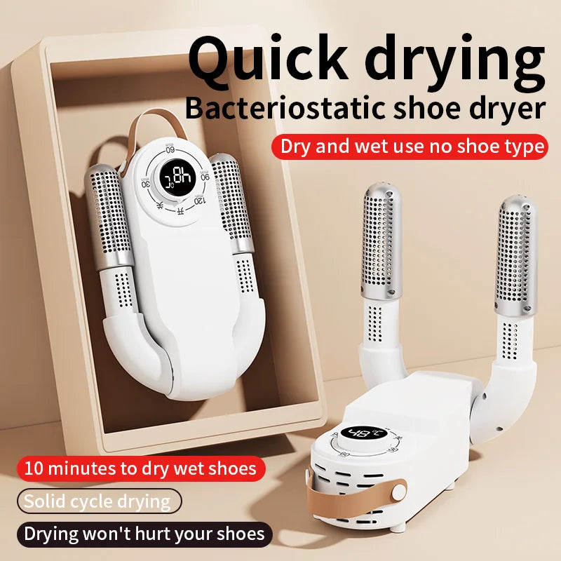 Showlu Smart Electric Shoe Dryer with 150W power, portable design, deodorizer function, and timer for quick shoe drying.