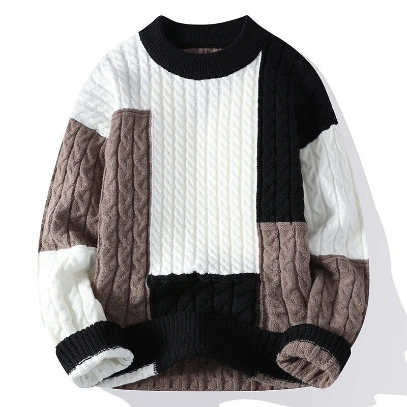 Men's patchwork knit sweater by Showlu Fashion Store, casual winter streetwear, warm high-quality pullover with loose fit.