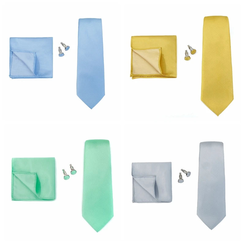 Solid color men's formal tie set with woven jacquard tie, handkerchief, and cufflinks for wedding and business suits.