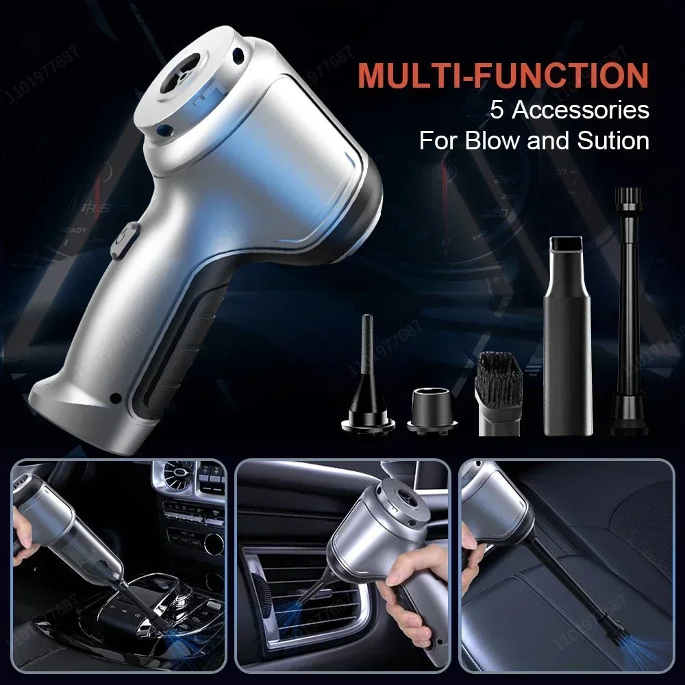 Portable SUITU handheld wireless car vacuum cleaner with mini brushless motor, shown in use on a car interior.