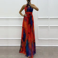 Vintage print halter maxi dress for women by SHOWLU FASHION STORE, bohemian party gown with flowy silhouette and vibrant pattern.