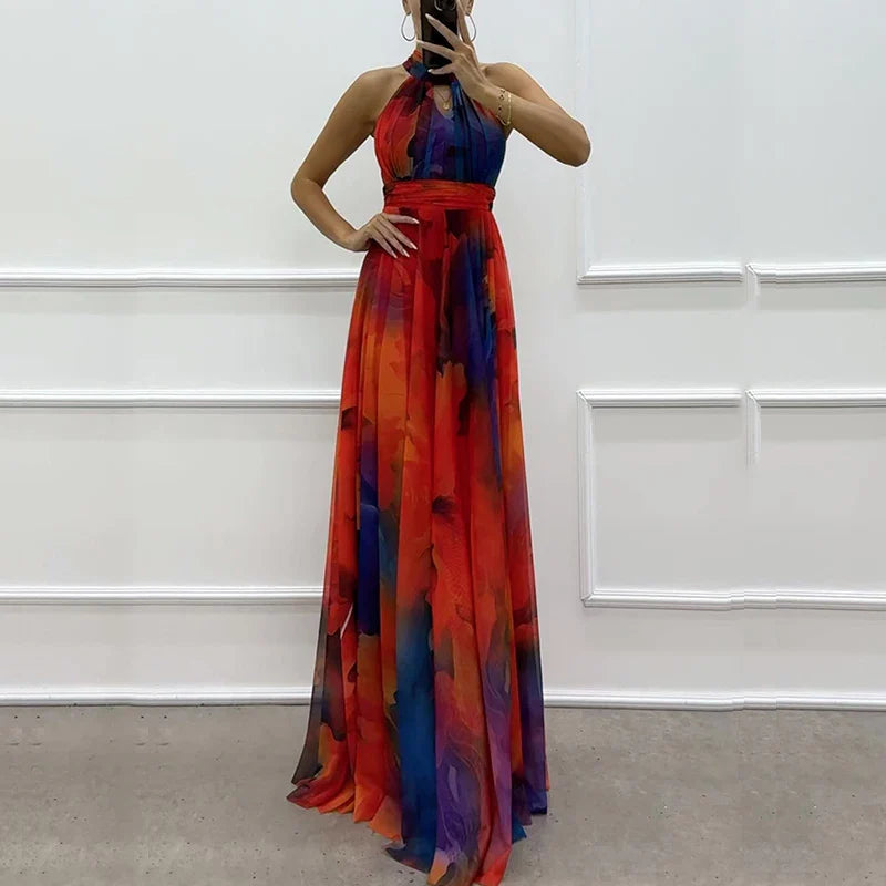 Vintage print halter maxi dress for women by SHOWLU FASHION STORE, bohemian party gown with flowy silhouette and vibrant pattern.
