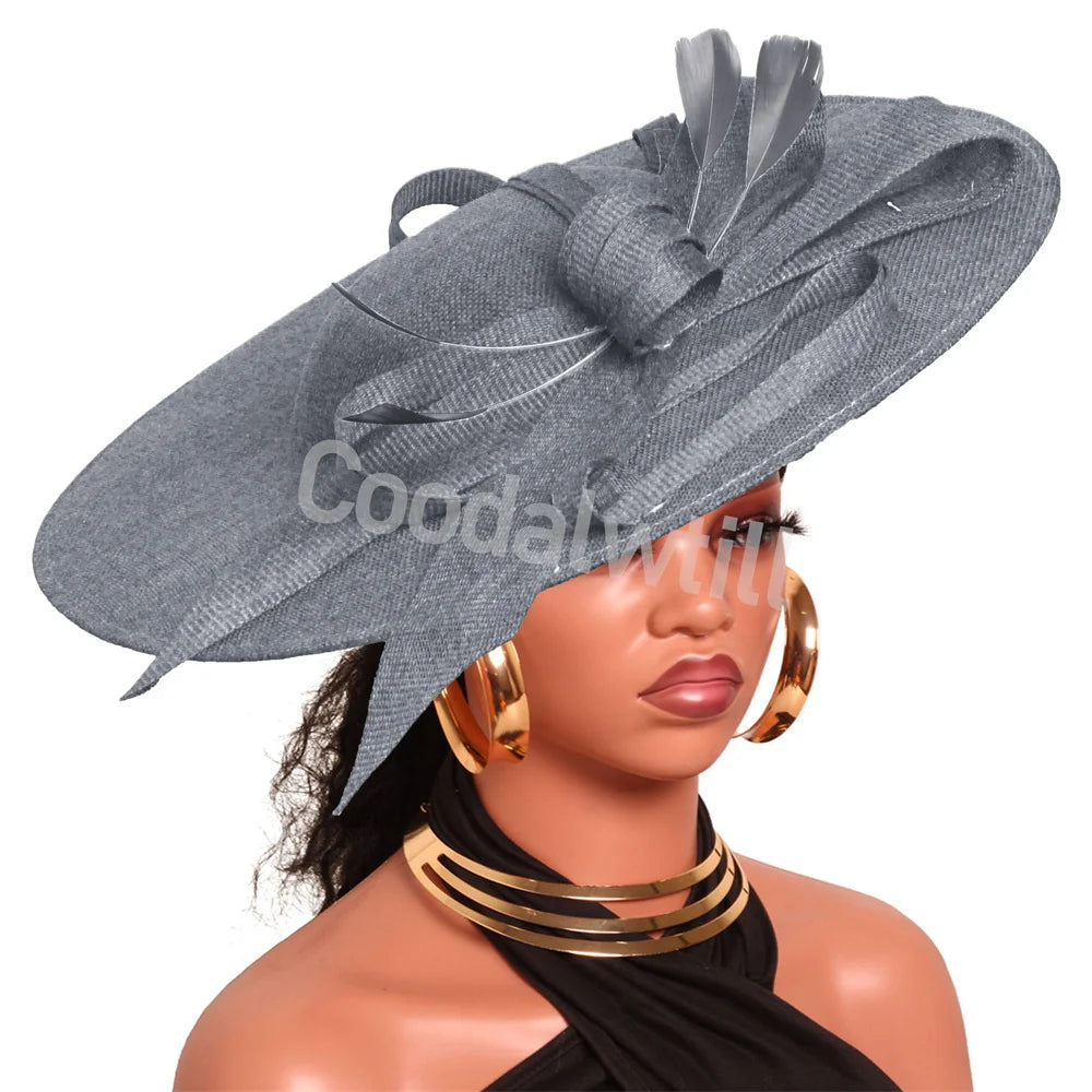 Elegant pink derby fascinator hat headband with large wedding and church millinery cap, perfect for bridal and formal occasions.