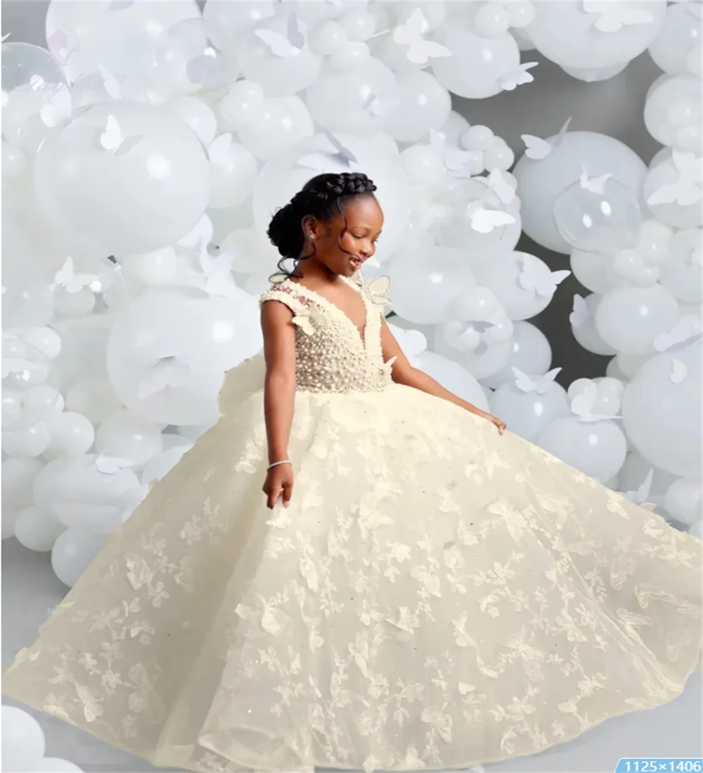 White V-neck Luxury Flower Girl Dresses For Wedding Butterfly Appliques Pearl Child Birthday Party First Holy Communion Gown
