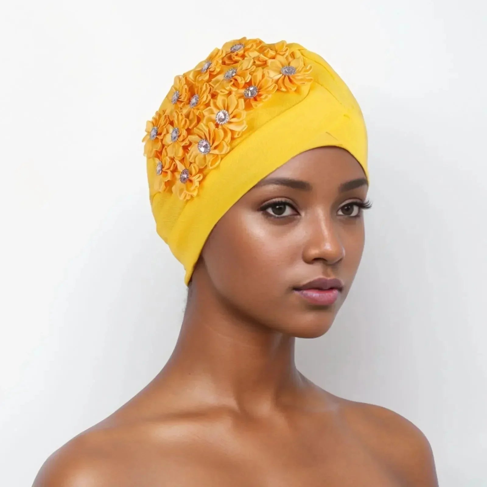 Diamond-pleated Showlu Fashion women's hijab turban cap with elegant wrap design, suitable for chemo and fashion wear.