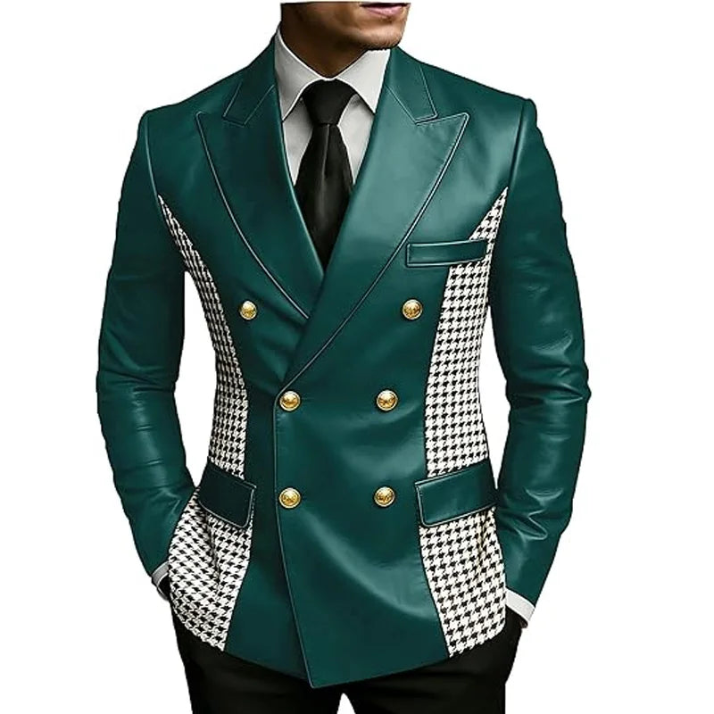 Men’s brown leather blazer with houndstooth side panels, double-breasted style, gold buttons, slim fit, vintage tuxedo jacket.