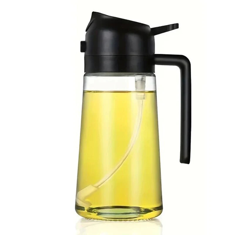 Plastic 2-in-1 spray oil dispenser bottle with 500ml capacity, ideal for baking, roasting, and grilling in the kitchen.