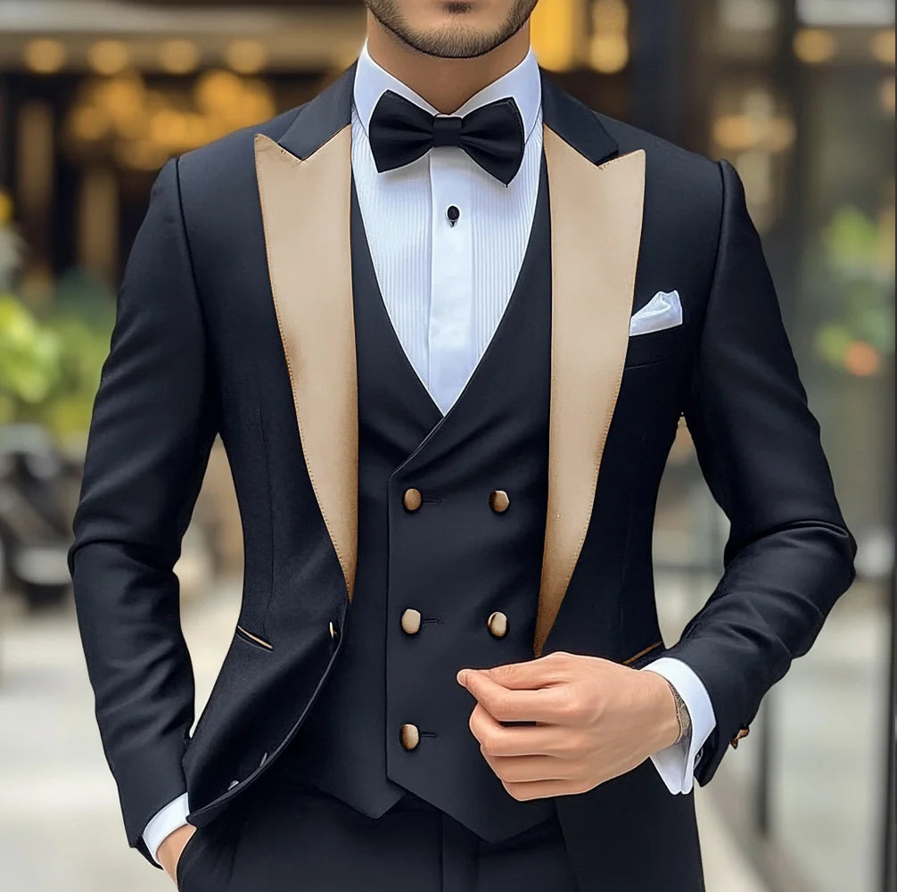 Men's black Groom wedding tuxedo suit with slim fit jacket, pants, and vest featuring peak lapel, formal blazer from Showlu Fashion