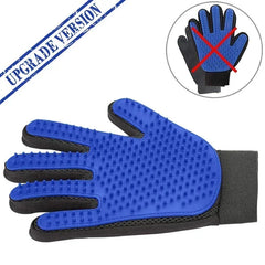A blue silicone grooming glove with textured nubs for removing pet hair.