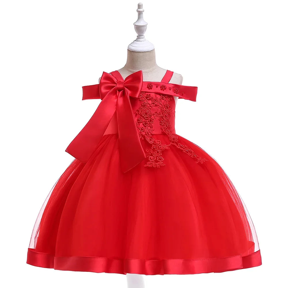 Girls' Christmas party dress by Showlu Fashion, elegant flower appliqué wedding and birthday gown with bow for kids aged 3-10 years.