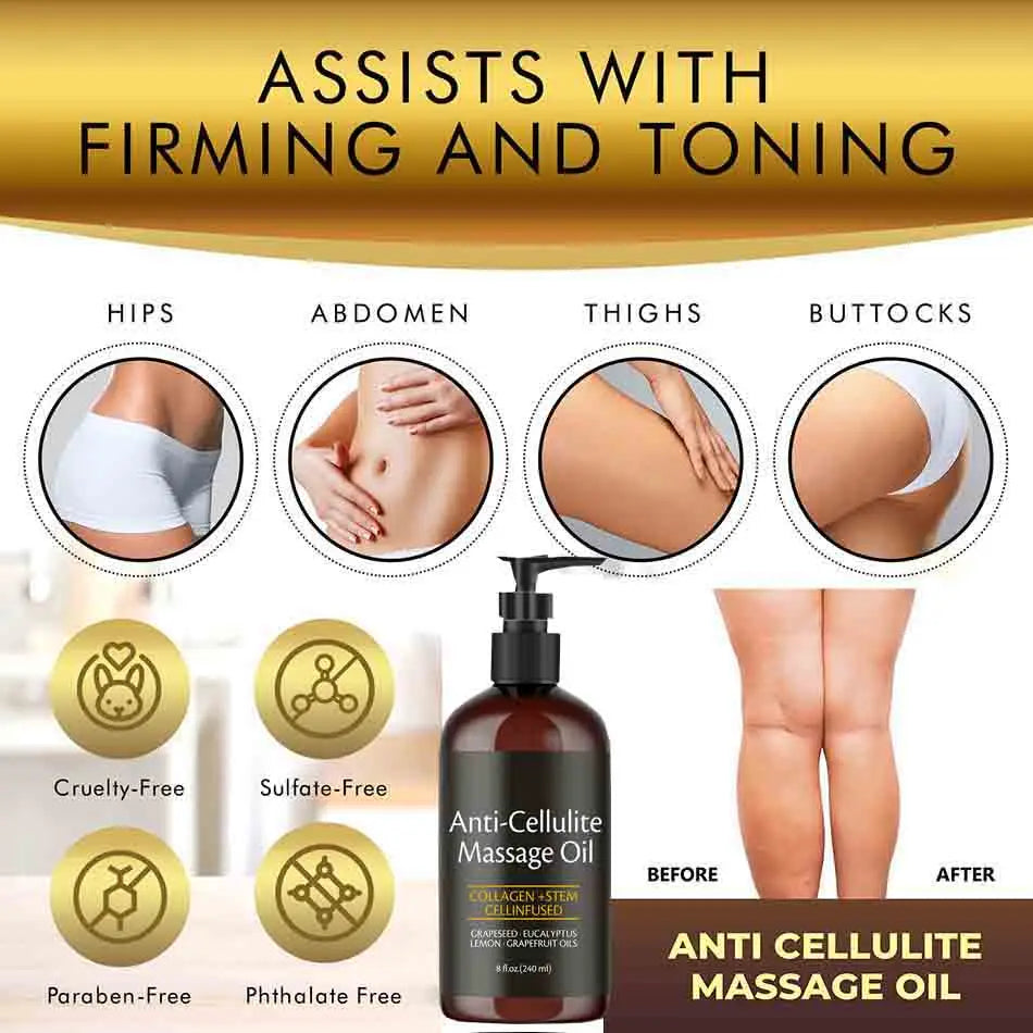 Showlu Anti-Cellulite Massage Oil with collagen and stem cells, designed for skin tightening and cellulite reduction.