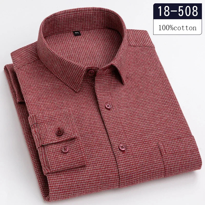 Luxury High-Quality 100% Cotton Houndstooth Full Shirts for Men Slim Fit Casual Shirt Long-Sleeve Plaid Soft Designer Clothes Ro