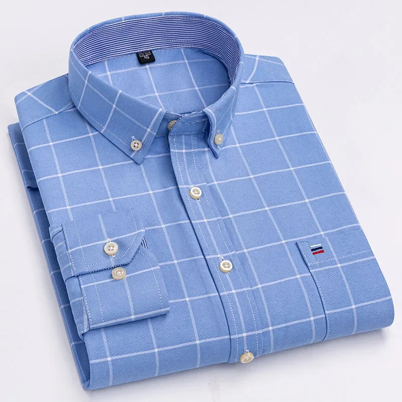 Men's long sleeve plaid oxford casual dress shirt in solid color, oversized fit, 100% cotton, regular fit, in 6XL size.