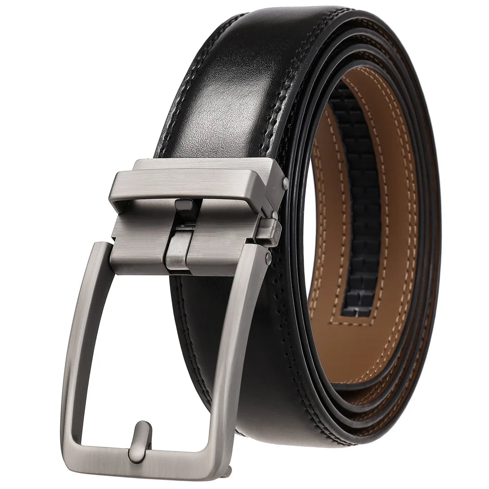 Men's leather belt with automatic buckle in black and brown cowskin, 3.5cm width, stylish luxury designer accessory