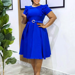 Elegant African Dresses for Woman O Neck Short Sleeve Belt Waisted Pleated Mid Calf Professional Business Work Wear Dress Midi