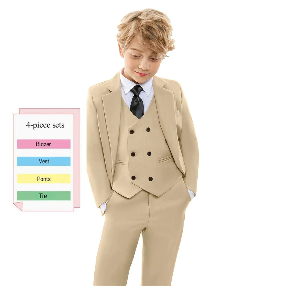 SHOWLU beige boys' 4-piece formal suit set with tuxedo jacket, pants, vest, and shirt, ideal for weddings and special occasions.