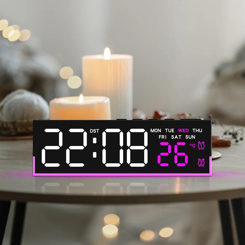 Showlu Smart LED digital alarm clock with mood light, temperature display, and modern design on a sleek surface.
