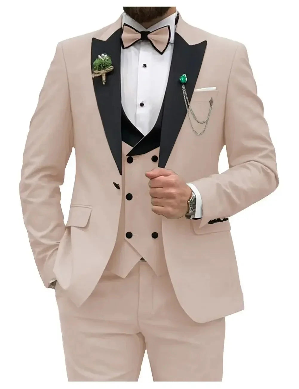 Showlu men's slim fit 3-piece suit with peak lapel, formal business tuxedo, shown in dark fabric with matching trousers and vest