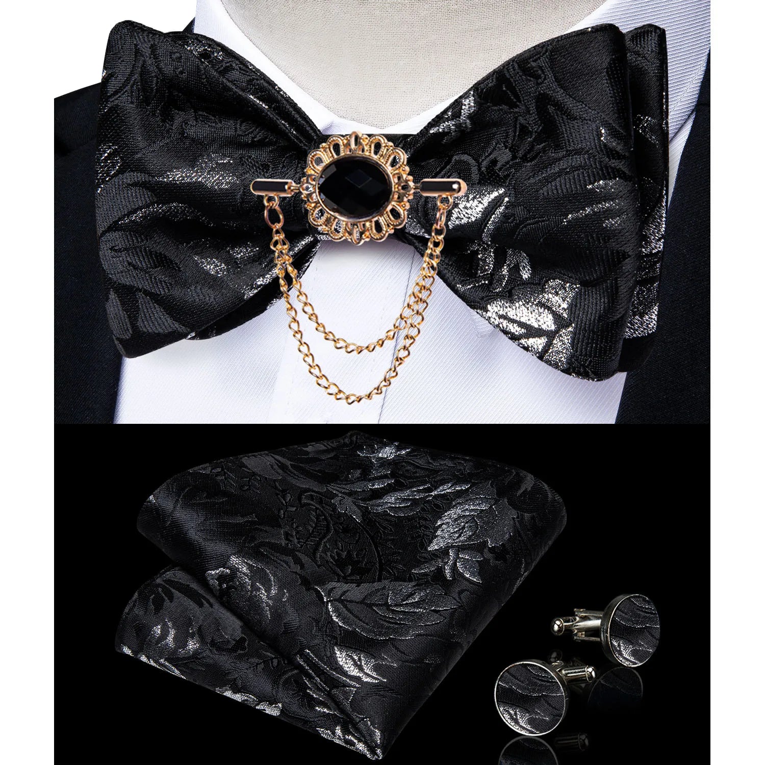 Men's pink solid bow tie set with pocket square and cufflinks, stylish accessory for wedding attire by Showlu Fashion Store.