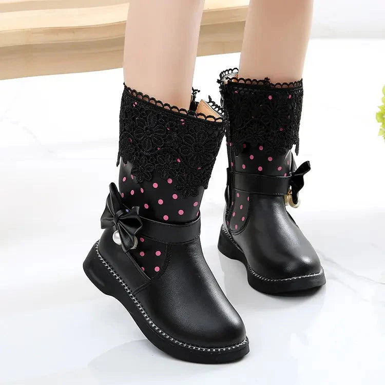 Girls winter snow boots by JGSHOWKITO, warm cotton lining, PU leather, mid-calf style, ideal for cold weather.