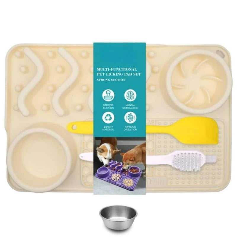 Turquoise silicone slow feeder mat for pets with aluminum bowl, measures 17x11x2 inches, helps reduce boredom and anxiety.