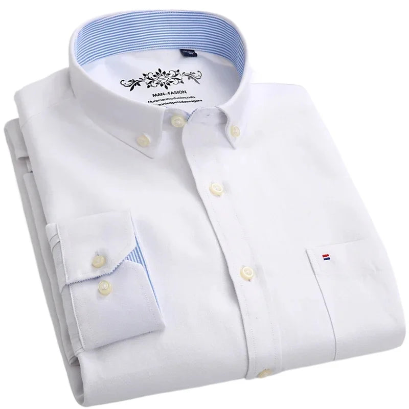 Men's long sleeve plaid cotton dress shirt in solid color, regular fit, oversized style, from Showlu Fashion Store.