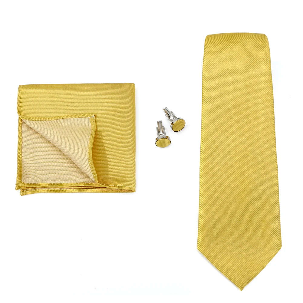 Solid color men's formal wedding necktie set including woven tie, handkerchief, and cufflinks, ideal for business and wedding attire