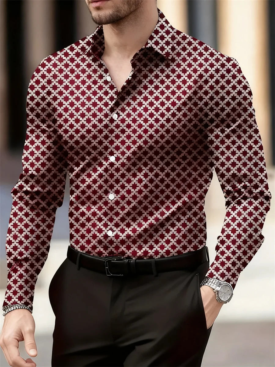 Men's long sleeve plaid shirt in 14 colors featuring geometric pattern, breathable fabric, casual and business suitable from Showlu Fashion Store.